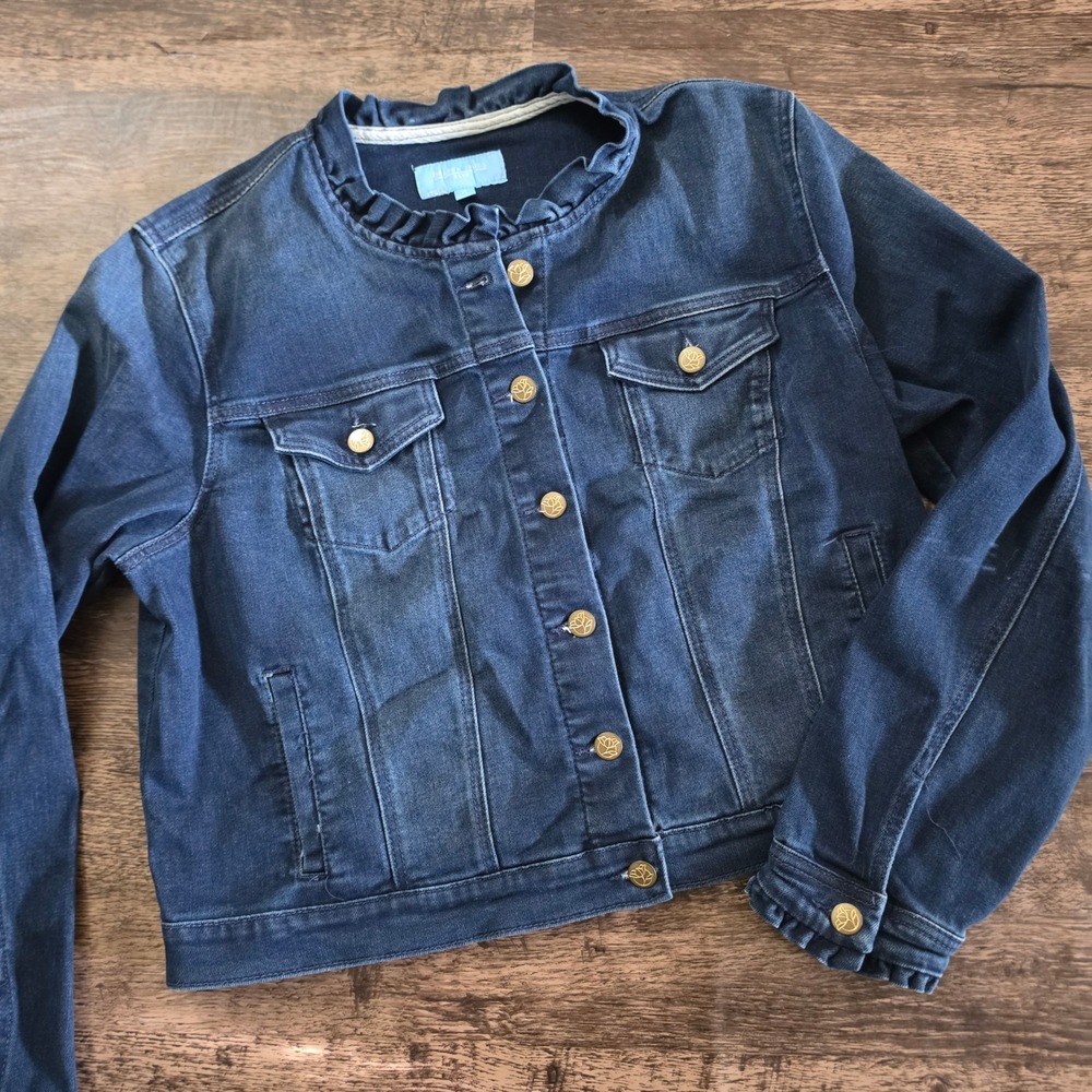 DRAPER JAMES RSVP Denim Jacket Women XL Blue Ruffle Collar Gold Button Stretch